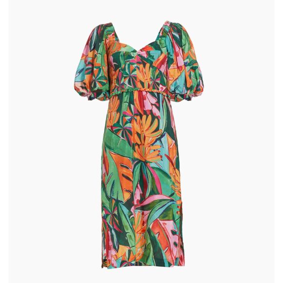 NWT Farm Rio Banana Foliage Puff-Sleeve Cotton Voile Midi-Dress - Large - Picture 1 of 16